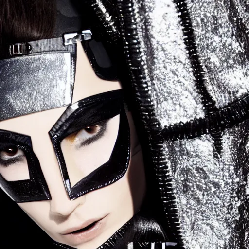 Prompt: close up of face from a fashion model with black Thierry Mugler dress in cyberpunk style, official Thierry Mugler editorial, fall-winter 2015-2016, highly detailed