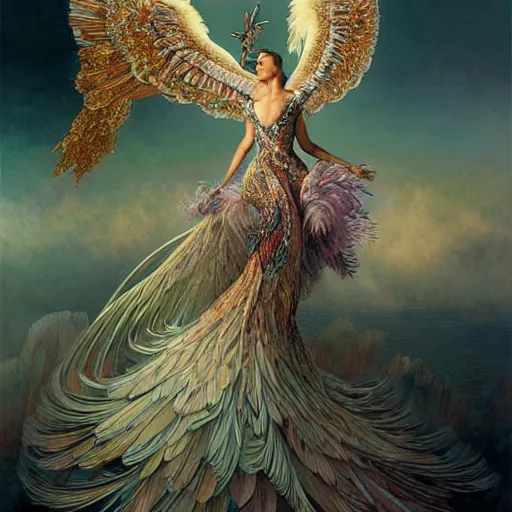 Prompt: feathered bird, covered in feathers, wings, flying, surreal, fantasy, intricate, elegant, dramatic lighting, emotionally evoking symbolic metaphor, highly detailed, lifelike, photorealistic, digital painting, artstation, concept art, smooth, sharp focus, illustration, art by John Collier and Krenz Cushart and Artem Demura and Alphonse Mucha and Albert Aublet