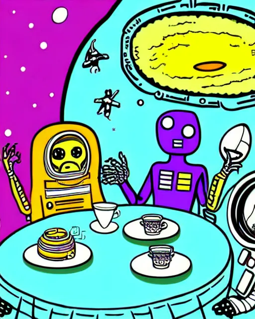 Image similar to an illustration of an astronaut meeting an alien for afternoon tea. funny. detailed. colorful. psychedelic