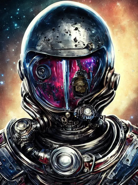 Image similar to portrait art of 8k ultra realistic undead retro futuristic astronaut vampire king , galaxy reflected in helmet , detailed intricate ornate armour,corrupted, cybernetic, full of colour, cinematic lighting, battered, trending on artstation, 4k, hyperrealistic, focused, extreme details,unreal engine 5, cinematic, masterpiece, art by ayami kojima, giger