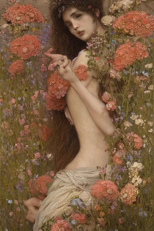 Prompt: an intricate realistic oil painting of persephone, beautiful woman, tragedy, flowing robe, flowers, headspace, fantasy art, emil melmoth, by greg rutkowski, by mucha