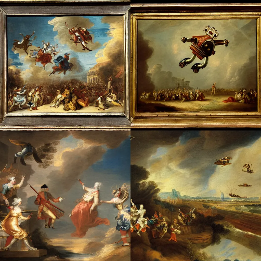 Prompt: 18th century historical painting representing robots flying to people, by Joshua Reynolds, Hermitage museum catalog photography,