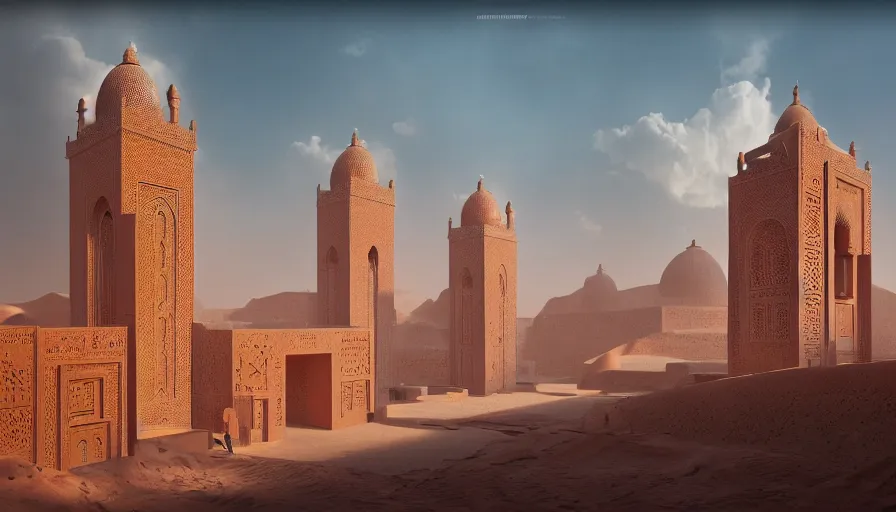 Prompt: monuments with moroccan motifs, by tim blandin and arthur haas and bruce pennington and john schoenherr, big windows architecture by zaha hadid, octane render, cinematic, scenery, cgsociety, modernism, futuristic, trending on artstation, sci - fi, high detail, high quality, close up angle