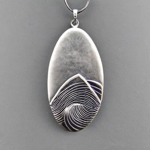 Image similar to amulet of wave inlaid in silver on a young beautiful woman neck, realistic,