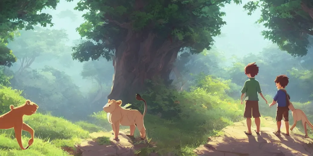Image similar to concept art by sylvain sarrailh of a single boy wearing a backpack meeting a friendly lion, forest, studio ghibli