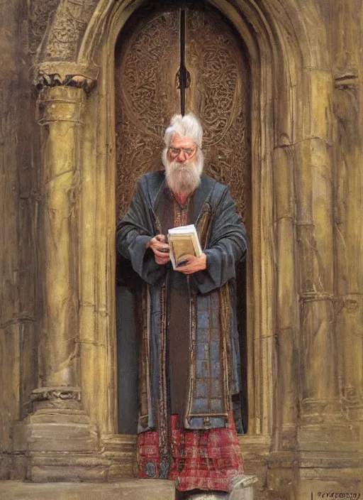 Prompt: a beautiful painting of an old wizard holding a magical book and standing in front of an ancient elaborate door. There\'s an elaborate keystone above the door and steps leading down, by james gurney and greg rutkowski and alma tadema