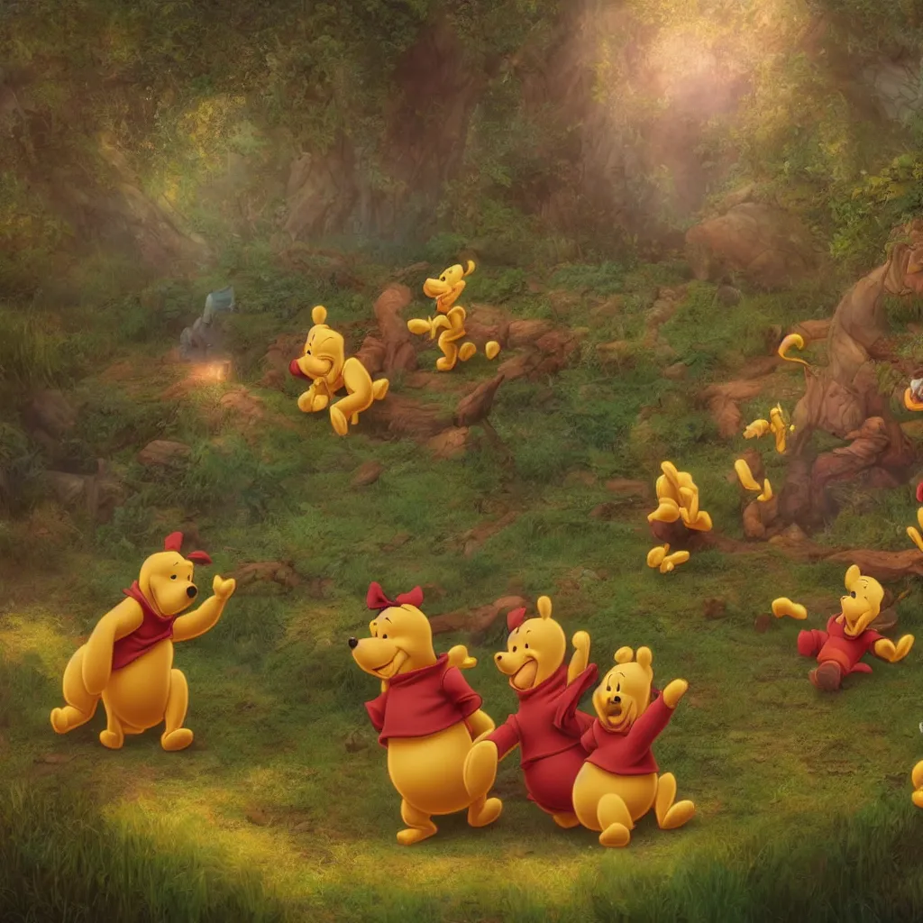 Image similar to epic finale scene of winnie the pooh being subdued by goofy and donald duck, highly detailed, volumetric lighting, epic light, cinematic, ultra detailed, by Leesha Hannigan, Ross Tran, Thierry Doizon, Kai Carpenter, Ignacio Fernández Ríos