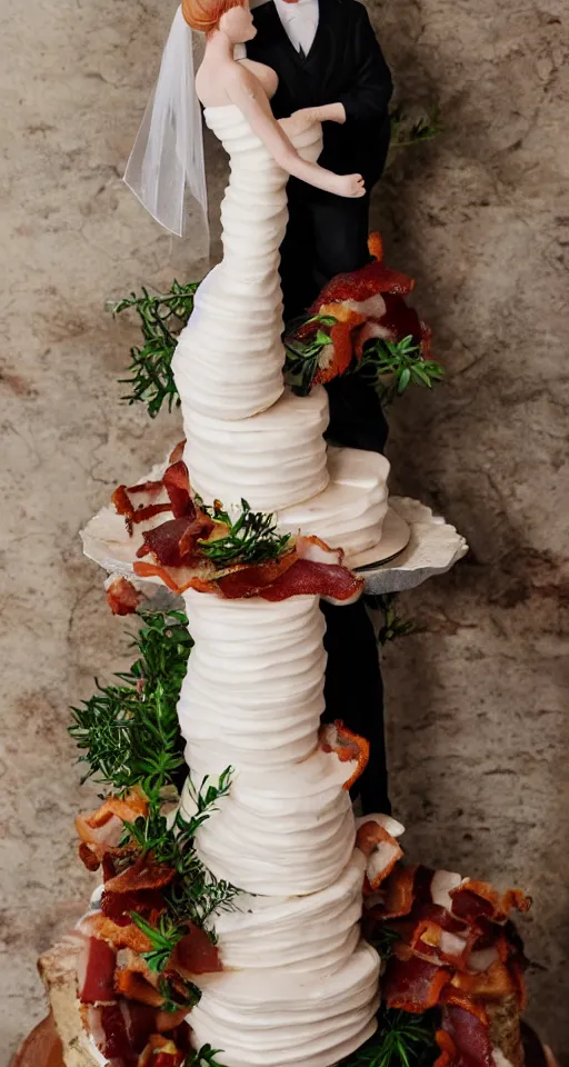 Image similar to a wedding cake made of bacon, professional food photo, bride and groom on top of the wedding cake,