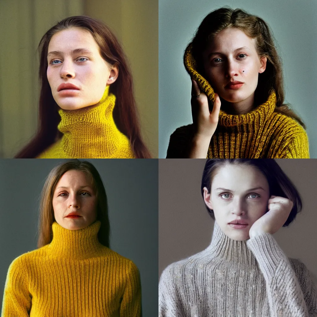 Prompt: A Hyper realistic and detailed portrait photography by Annie Leibovitz of a woman wearing a yellow knitted turtleneck sweater. Long hair. Agfa Vista 400 film. Detailed. Depth of field. lens flare. moody. cinematic. warm light. realistic. expired film.