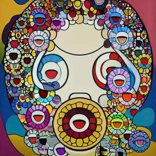 Image similar to melancholic by takashi murakami. the illustration is an abstract portrait of a woman. the woman's face is divided into two halves, one half is black & the other is white. the woman's eyes are large & staring. the illustration is full of energy & movement.