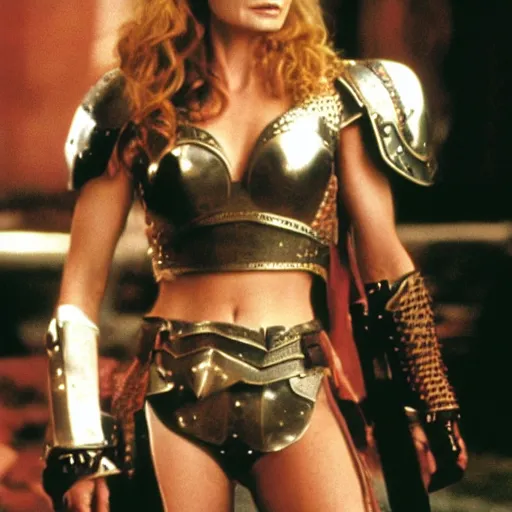 Prompt: heather graham, warrior princess, leather armor, movie still, film, triumphant pose