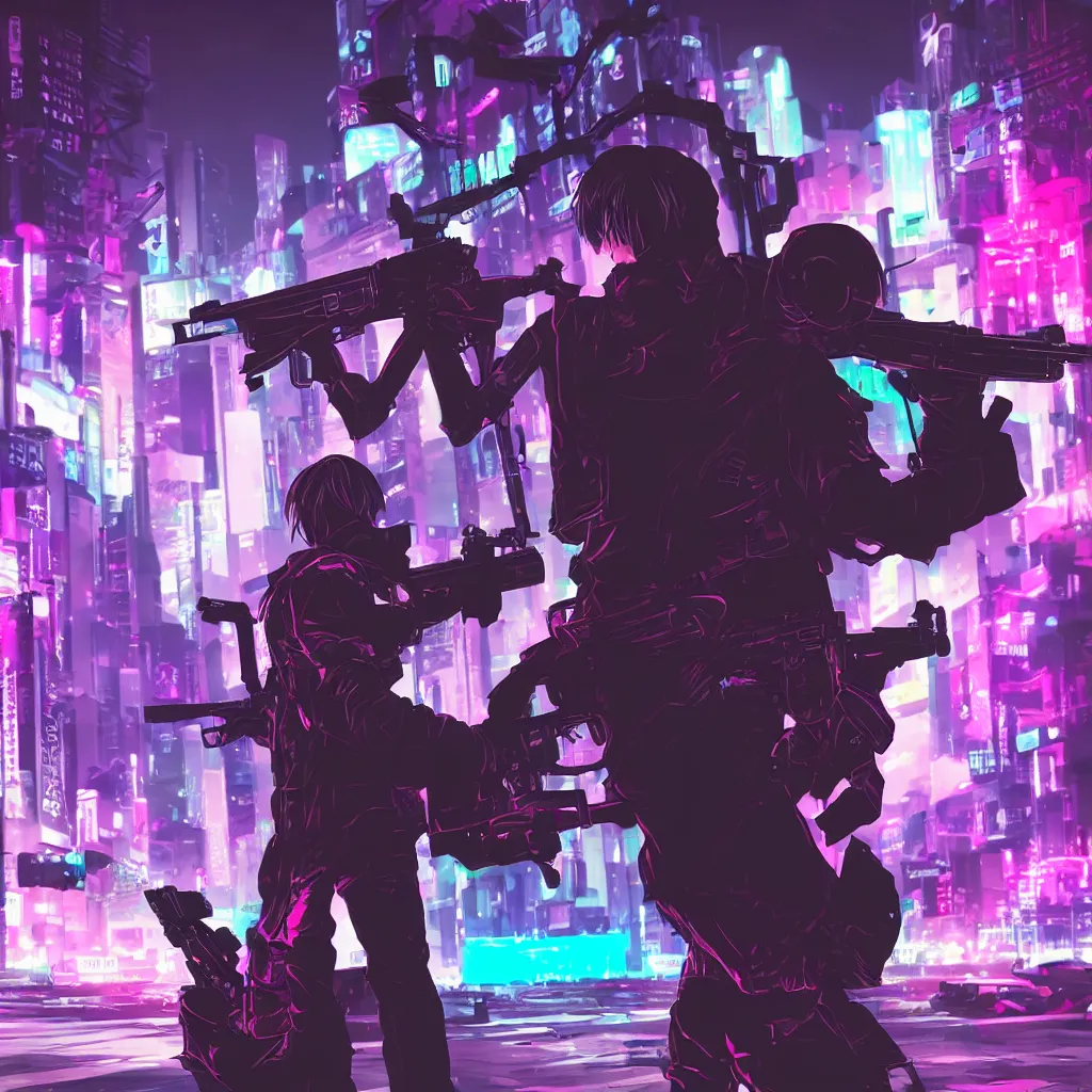 Prompt: portrait of Reaper (The World Ends With You) holding gun, cyberpunk aesthetic, city skyline on background, neon lights, glow, retrowave style