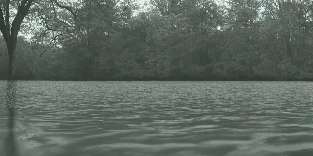 Image similar to centered photograph of a long rope snaking across the surface of the water, floating submerged rope stretching out towards the center of the lake, a dark lake on a cloudy day, mood, trees in the background, anamorphic lens