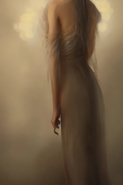 Prompt: chinese princess in a long silk dress, from backside, up shot, highly detailed art, cinematic atmosphere, volumetric lighting, glow, trending on artstation, by wlop, by le vuong, by tom bagshaw