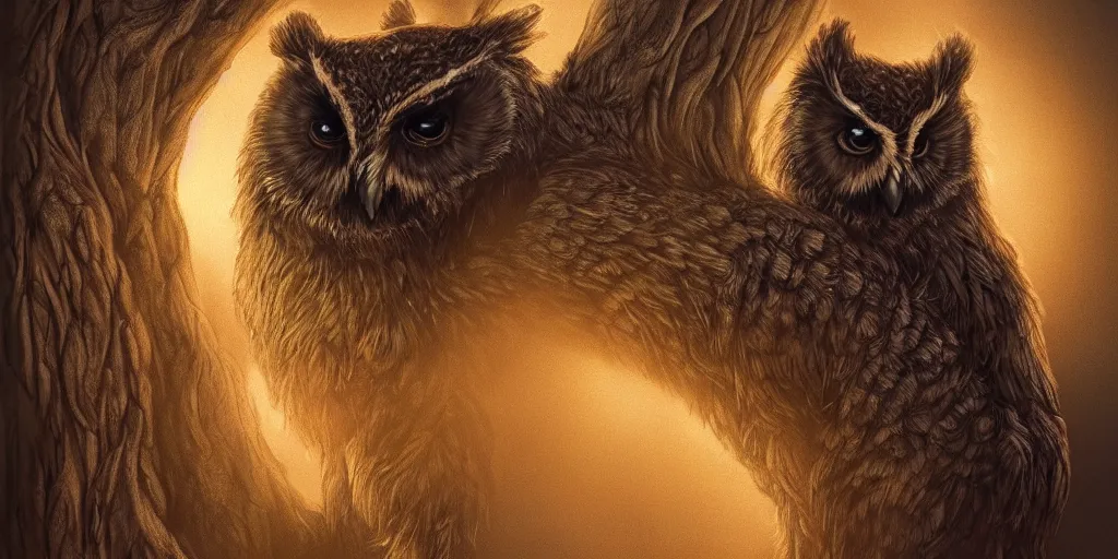 Prompt: an owl and bear hybrid, vintage disney, golden hour lighting, Gothic ,Fantasy style, serene, quiet, light, calm, subtle, peaceful, Photorealistic, Award Winning, Trending on ArtStation, Detailed