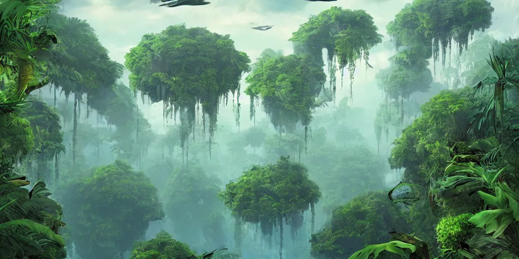 Prompt: floating jungle islands in Space, sci-fi art