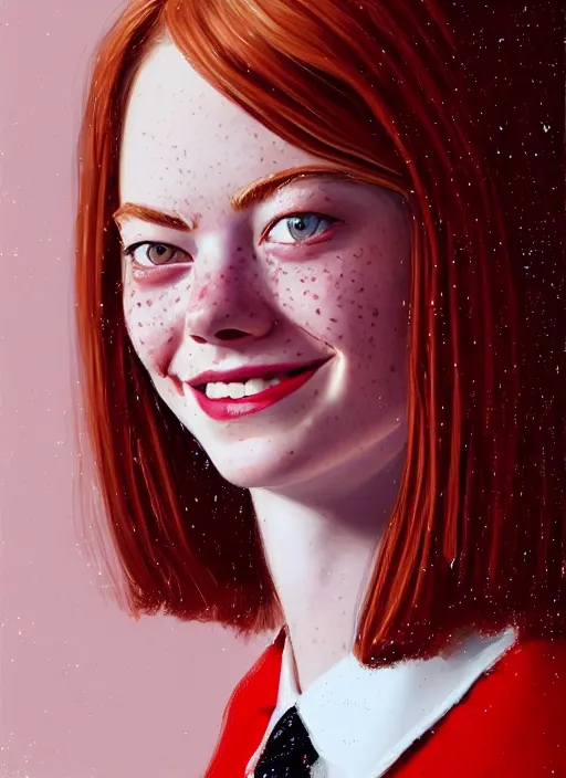 Image similar to portrait of teenage emma stone, freckles, middle part haircut, ginger hair, white shirt and red tie, smiling kindly, friendly, 1 9 7 0 s, intricate, elegant, glowing lights, highly detailed, digital painting, artstation, concept art, smooth, sharp focus, illustration, art by wlop, mars ravelo and greg rutkowski