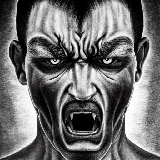 Image similar to A very angry man looking straight into your soul, rage, anger, fire, pencil drawing, hyper realistic