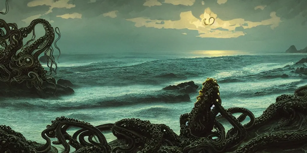 Prompt: landscape view on an old fishing village at night, a tentacled creature emerging from the ocean on the right, night colors, high - key lighting, beautiful composition, intricate, gradient from green to black, pro photography by, highly detailed, digital painting, art by artgerm and greg rutkowski and alphonse mucha, smooth, sharp focus illustration