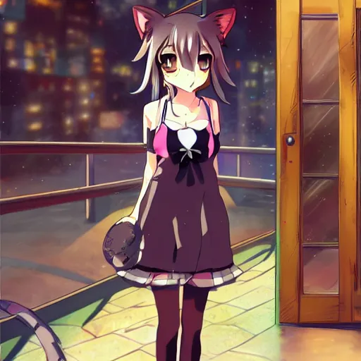 Prompt: A stray cat girl appears at your doorstep, anime style, pixiv, visual novel