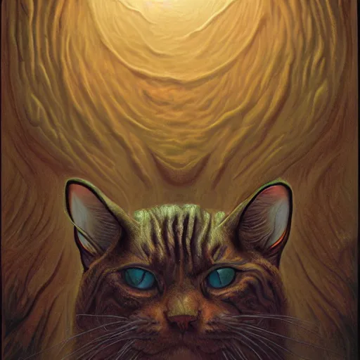 Image similar to photorealistic rendering of eldritch demon cat in the style of michael whelan, gustave dore, and stefan koidl. hyperdetailed photorealism, 1 0 8 megapixels, cinematic lighting.