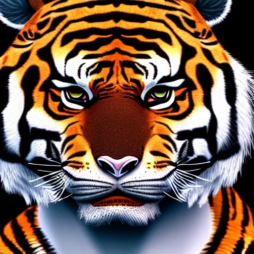 Image similar to portrait of an anthropomorphic tiger wearing a black suit, ultra detail, ultra realistic, soft fur, ssao 8 k