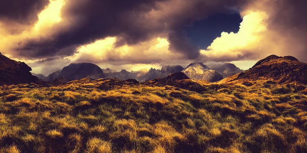 Prompt: landscape photography by david noton psychedelic, tall mountains, dramatic lighting, raining, colourful, stunning