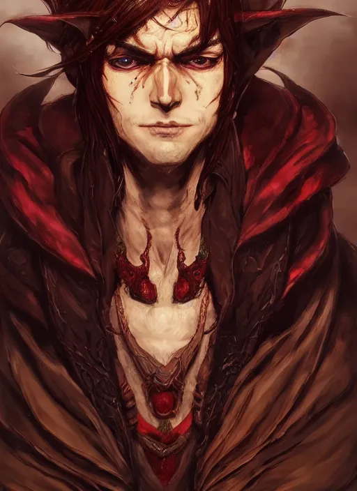 Image similar to Half body portrait of a handsome elf fire mage with long brown hair wearing ornate scarlet robe, scarred face. In style of Yoji Shinkawa and Hyung-tae Kim, trending on ArtStation, dark fantasy, great composition, concept art, highly detailed, dynamic pose.