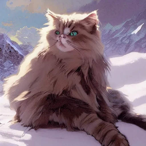 Image similar to Concept art, A shiny Ragdoll cat sitting by snow mountains, 8k, alphonse mucha, james gurney, greg rutkowski, john howe, artstation