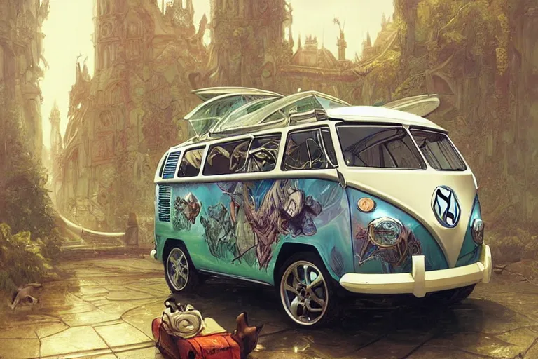 Image similar to VW surf bus, fantasy, elegant, intricate, highly detailed, digital painting, artstation, concept art, sharp focus, illustration, art by artgerm and greg rutkowski and alphonse mucha