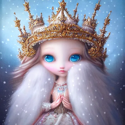 Prompt: highly detailed closeup portrait of a snow, ice princess, she is wearing a crown, she is sitting on a throne, fluffy bears are standing around, nicoletta ceccoli, mark ryden, lostfish, earl nore, global illumination, god rays, detailed and intricate environment