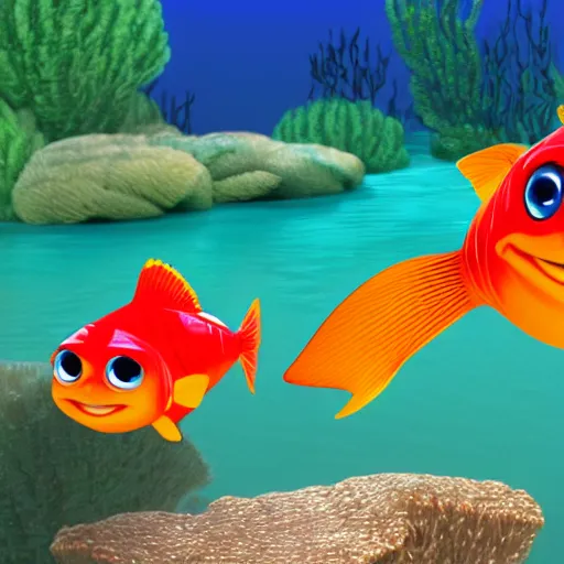 Prompt: a 3d render of two fish underwater, watching a boat , in the style of a pixar cartoon, disney cartoon