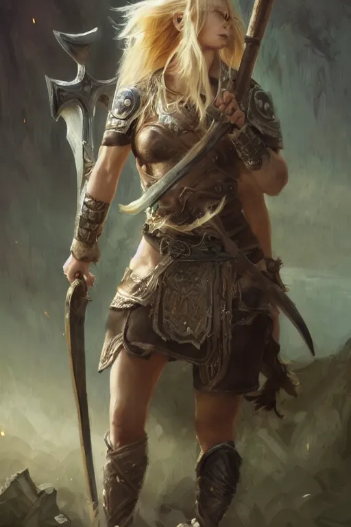 Image similar to ultra detailed powerful female viking, blond long hair, green eyes, axe un hand, battle ready, sharp bone structure, extremely detailed digital painting, in the style of fenghua zhong and ruan jia and jeremy lipking and peter mohrbacher, mystical colors, rim light, beautiful lighting, 8 k, stunning scene, raytracing, octane, trending on artstation