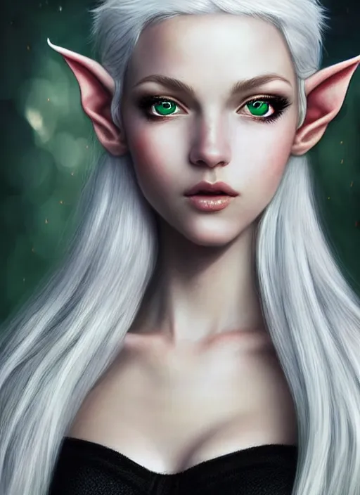 Prompt: a beautiful portrait, white background, gorgeous fantasy elf. sexy black top, professionally retouched, soft lighting, realistic, smooth face, beautiful green eyes, long white hair, cute ears, wide angle, sharp focus on the eyes, 8 k high definition, insanely detailed, intricate, elegant, gorgeous, art by artgerm and wlop