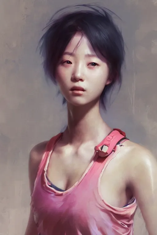 Image similar to Korean cyberpunk female with torn pink tank top, digital art from artstation by Ruan Jia and Mandy Jurgens and Artgerm and william-adolphe bouguereau