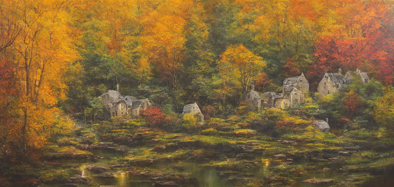 Image similar to a painting of sparse stone cottages underneath a dense tall forest, with pristine reflex from cascading ponds. gorgeous, elegant, sophisticated, an ultrafine painting, intricate brush strokes, bright depth oil colors, photography by araken alcantara. intense promiseful illumination, autumn sunrise warm light, detailed and intricate environment of hopeful bodyscapes