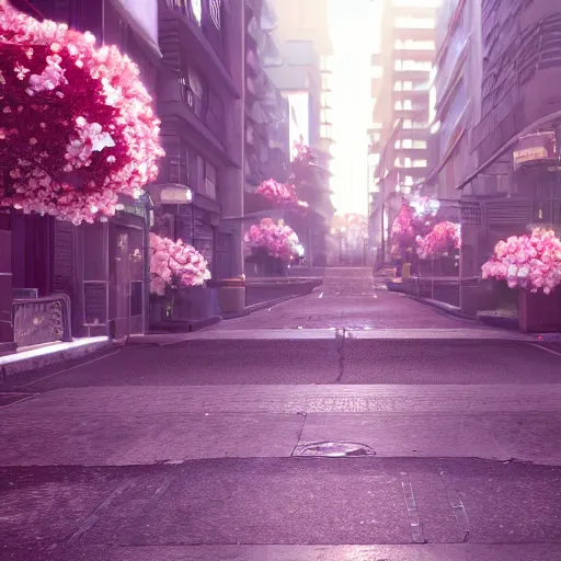 Image similar to an art deco cityscape, street lined with flowers. cinematic still from final fantasy advent children, 3 d, octane render, realistic 8 k, dynamic lighting