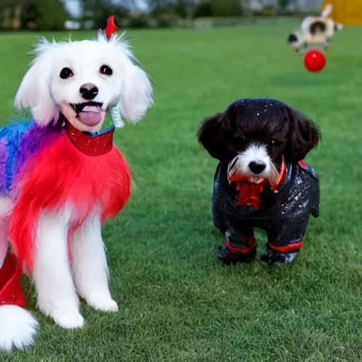 Image similar to harley quinn aiming down glitter gun with toy cavoodle dog by her side