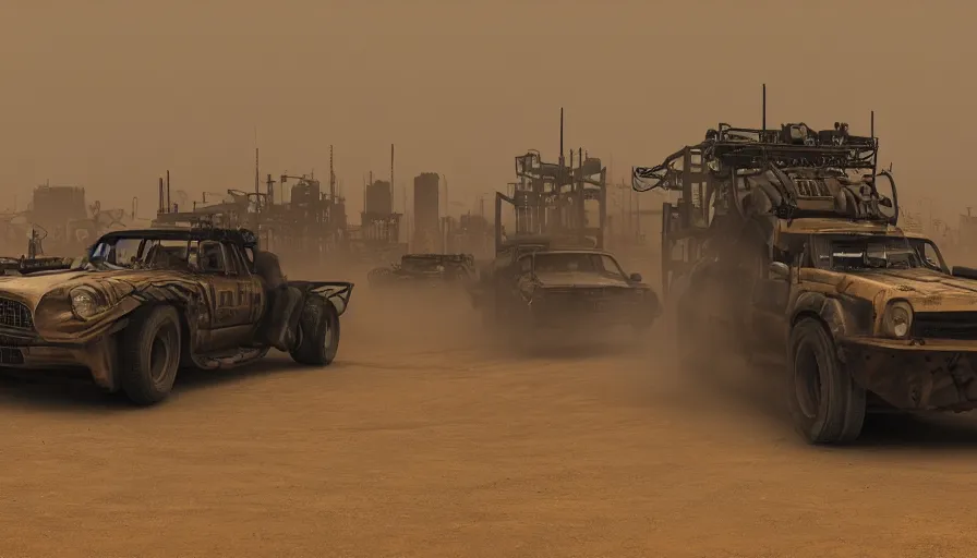 Image similar to london in mad max, sandstorm, trucks racing, smoke bombs, hyperdetailed, artstation, cgsociety, 8 k