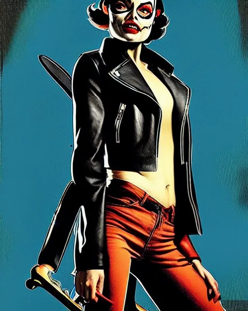 Image similar to Rafael Albuquerque art, Norman Rockwell art, pretty Margot Robbie as a vampire sharp teeth evil smile with 5 long sharp fingers, symmetrical face symmetrical eyes, leather jacket, jeans