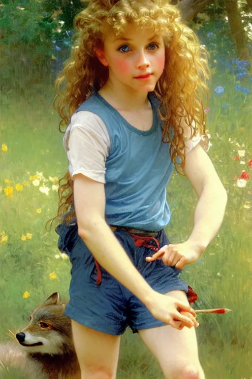 Prompt: a seven - year old with curly dirty blonde hair, blue eyes, tan skin a tee shirt and shorts, playing with foxes, painting by daniel gerhartz, alphonse mucha, bouguereau, detailed art, accurate facial details, no blush, artstation