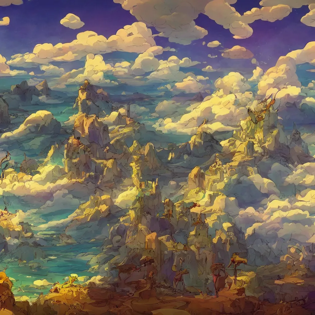 Image similar to amazing beautiful landscape ,a screenshot from adventure time, by Salvador dali and Makoto Shinkai