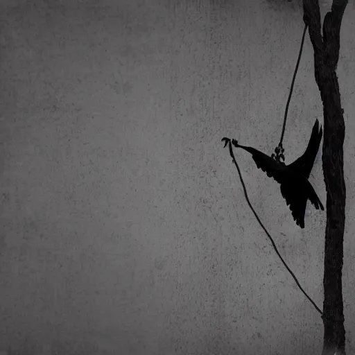 Image similar to a man is hanging on a rope on a tree, gloomy style, two crows are flying, black and white photography, creepy, stylization of a picture illustration from a book