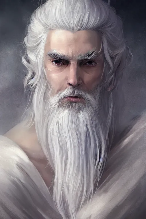 Image similar to white haired robe fu xi full male front body portrait, very long white beard and hair, long hair shawl, fine kindness delicate prefect face features gaze, piercing eye, elegant, style of tom bagshaw, cedric peyravernay, peter mohrbacher, victo nga, 4 k hd illustrative wallpaper, animation style, chinese style