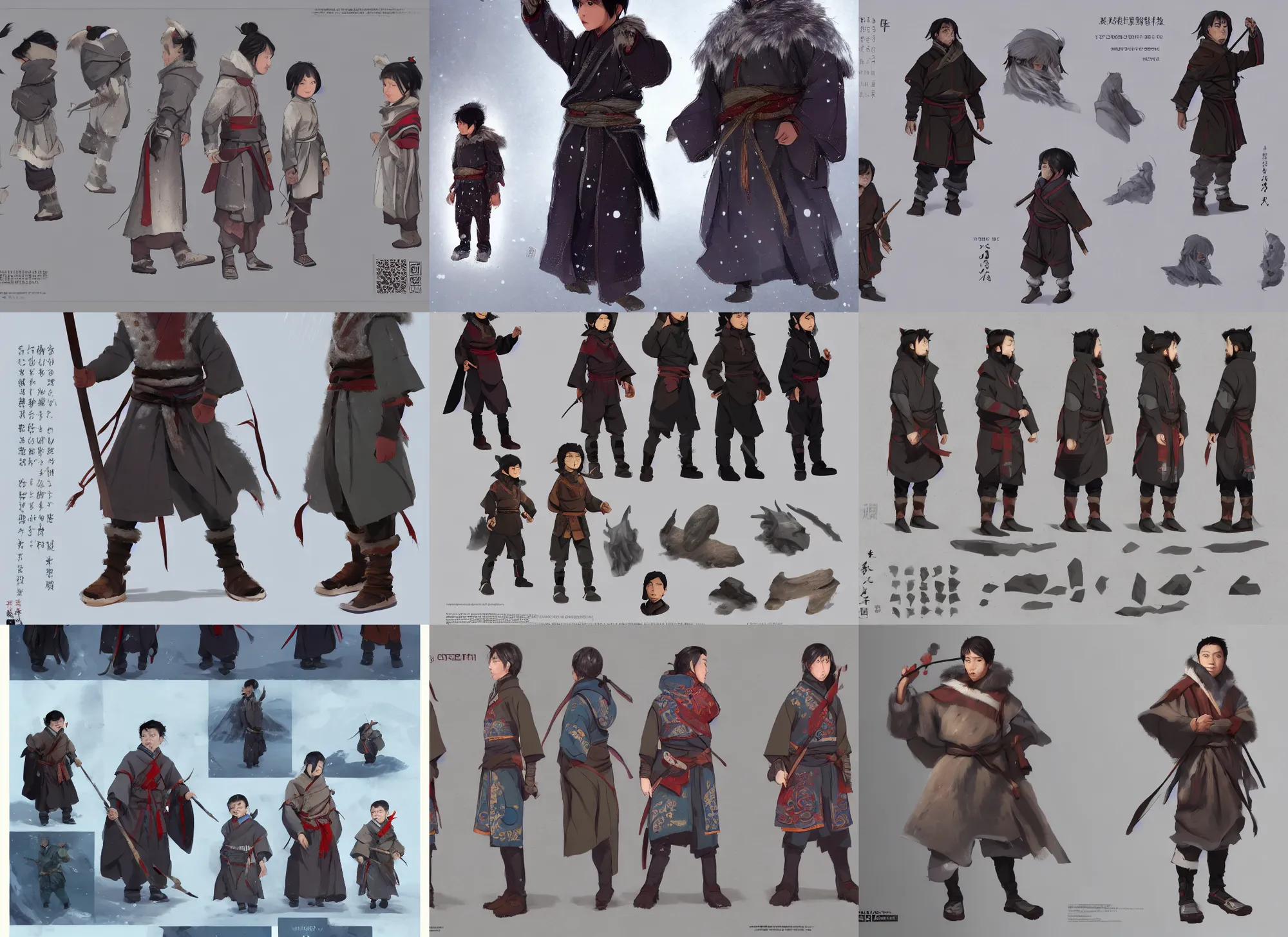 Prompt: character sheet for a poor cute wuxia style inuit boy, winter clothes has complex pattern, dynamic color, for genshin impact by greg rutkowski, by studio ghibli, digital art, trending on artstation, hd, 8 k, highly detailed, good lighting, beautiful, masterpiece