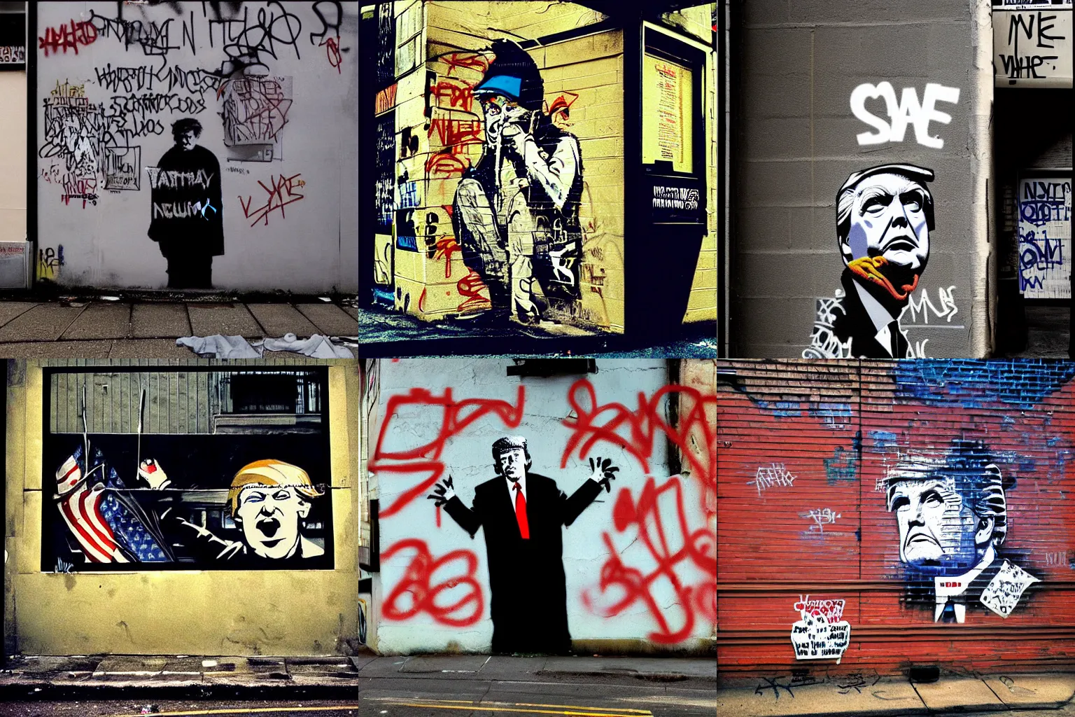 Prompt: Homeless Donald Trump Graffiti street art by banksy, mural, alleyway, holga style photograph,