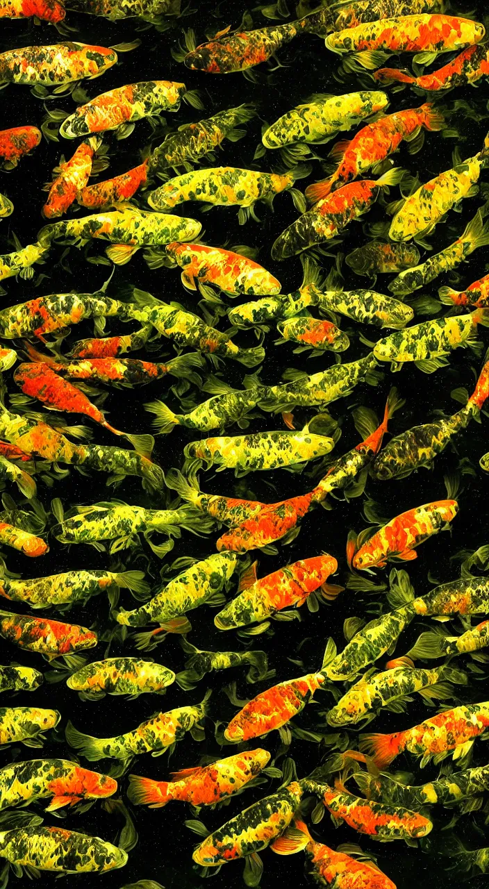 Image similar to a photograph of a Pond filled with Xenomorph skin Koi fish, dim volumetric lighting, lime green lighting, in style of H.R Giger, grainy, 50mm film, noise, sharp focus, motion, high exposure, hd, 8k resolution