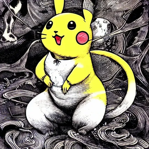 Image similar to pikatchu in Mobius style drawn by Vania Zouravliov and Takato Yamamoto, inspired by Fables, high detail, sharp high detail, manga and anime 2000