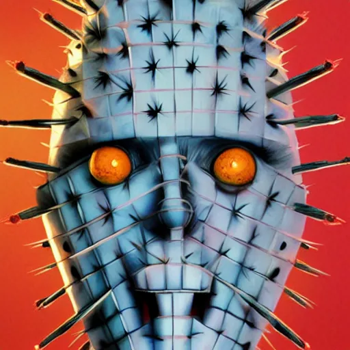 Prompt: portrait of a pinhead hellraiser as Disney cactus character by Artgerm, pineapple head, H R Giger, not scarry, Pixar, digital painting, concept art, kawaai, summertime, smiling, warm tones, depth of field, color bleed, dramatic light