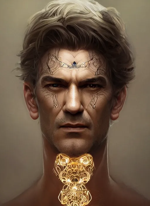 Image similar to symmetry!! antonio banderas, male, machine parts embedded into face, intricate, elegant, highly detailed, digital painting, artstation, concept art, smooth, sharp focus, illustration, art by artgerm and greg rutkowski and alphonse mucha, 8 k